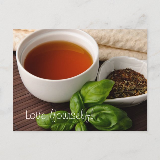 Tea Cup Tea Leaves Herbs Tea Towel on Bamboo Mat Postcard (Front)