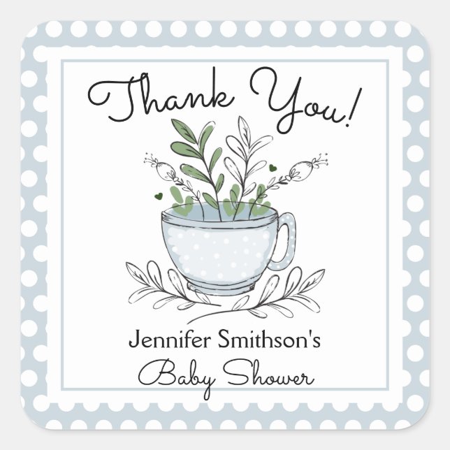 Tea Cup Tea Party Baby Shower Thank You Square Sti Square Sticker (Front)