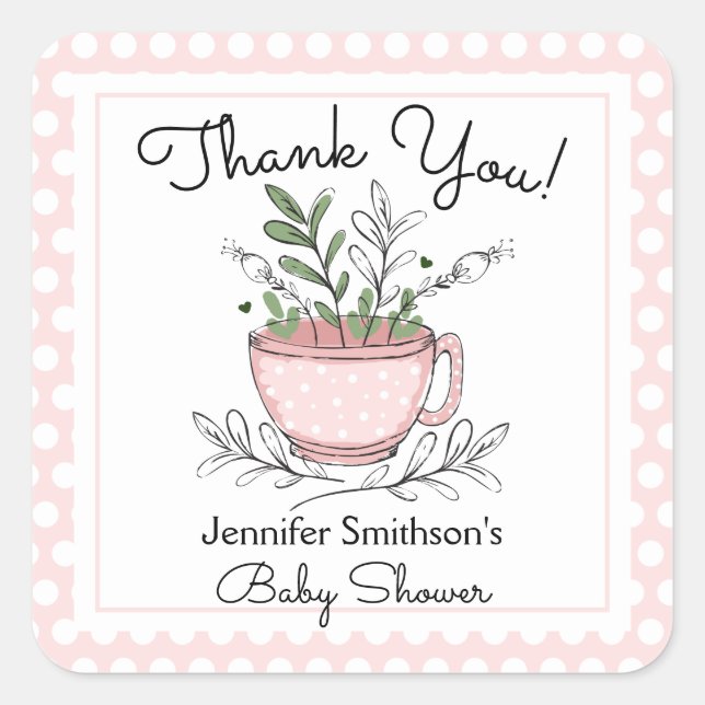 Tea Cup Tea Party Baby Shower Thank You Square Sticker (Front)