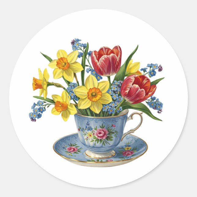 Tea Cup with Spring Flowers  Classic Round Sticker (Front)