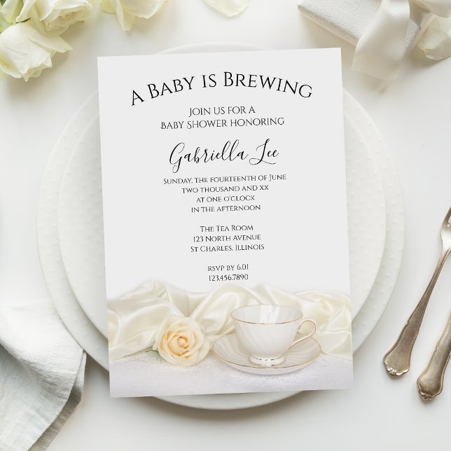 Tea Cup with White Rose Baby is Brewing Shower Invitation (Creator Uploaded)