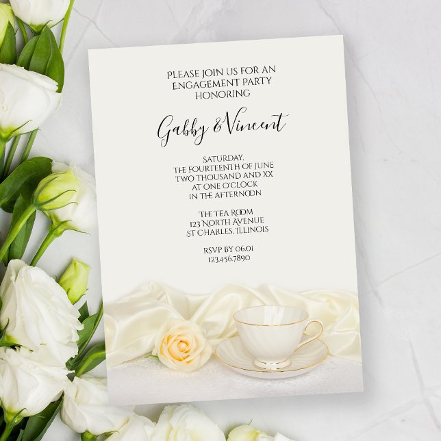 Tea Cup with White Rose Engagement Party Invitation (Creator Uploaded)