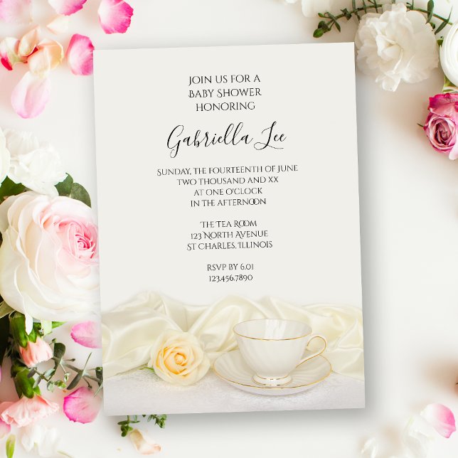 Tea Cup with White Rose Floral Baby Shower Invitation (Creator Uploaded)