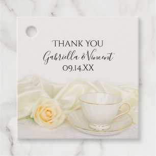 Tea Cup with White Rose Flower Wedding Favour Tags