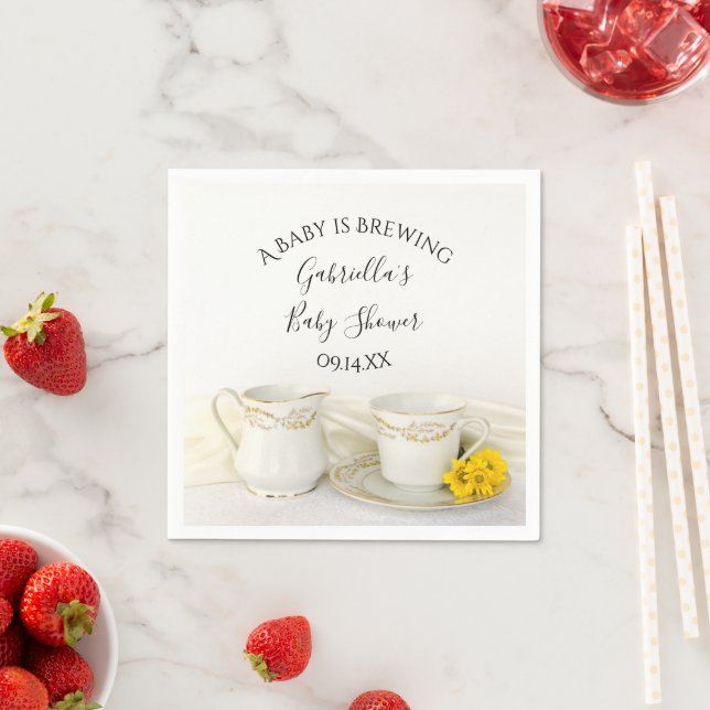 Tea Cup with Yellow Daisies Baby is Brewing Shower Napkin (Insitu)