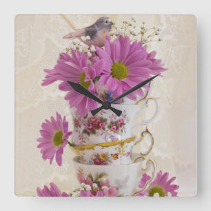 Tea Cups And Daisies Square Wall Clock