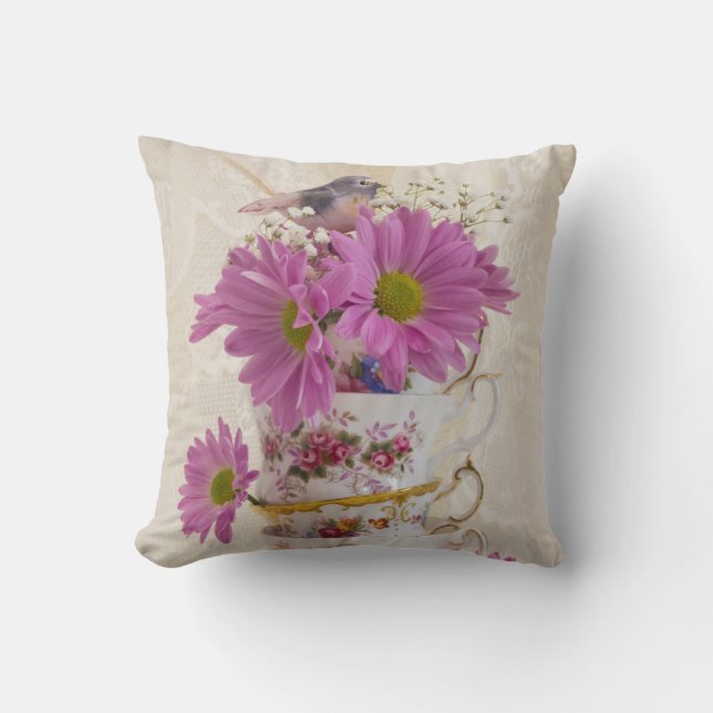 Tea Cups And Daisies Throw Pillow (Front)