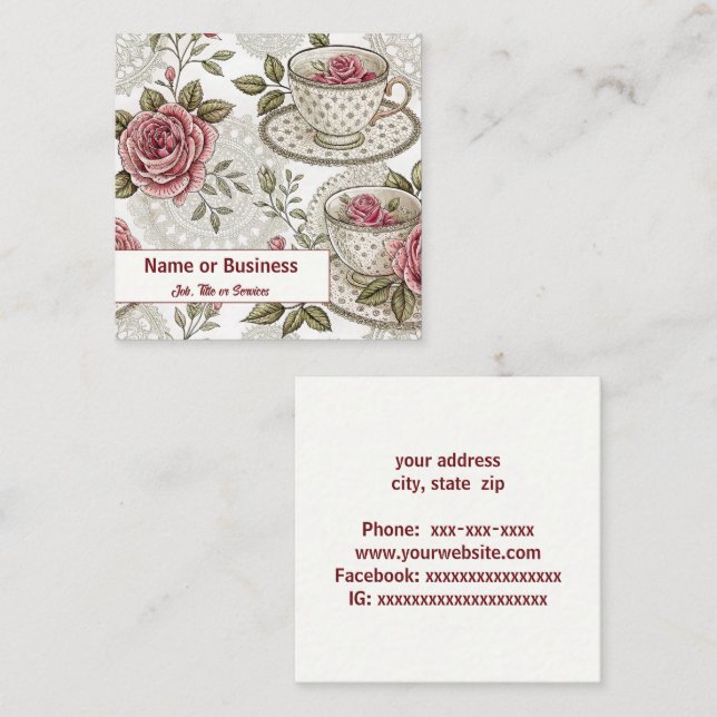 Tea cups and roses square business card (Front/Back)