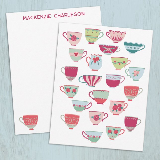 Tea Cups Fun Retro Vintage Personalized Card (Retro China Teacups personalized name or text notecards)