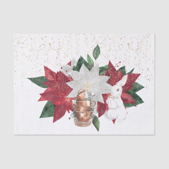 Tea Cups Poinsettia Rabbit Christmas Tissue Paper (Front)