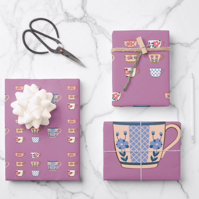 Tea Cups Wrapping Paper Sheet (Front)