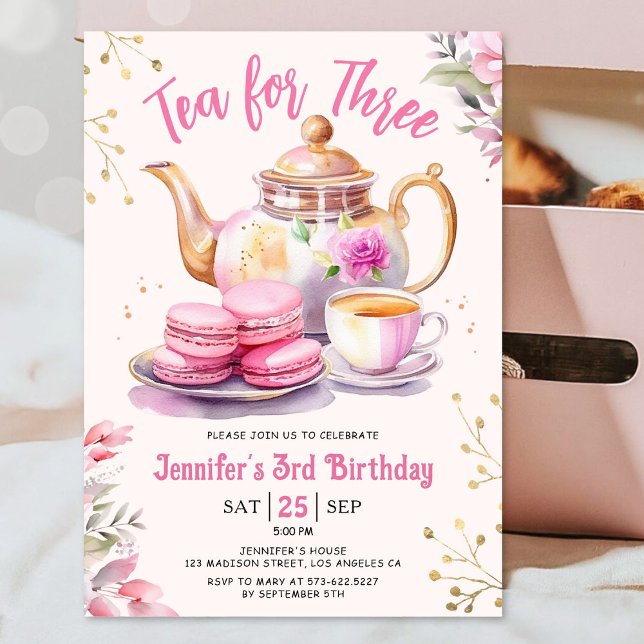 Tea For Three 3rd Birthday Girl Pink Tea Party  Invitation (Creator Uploaded)