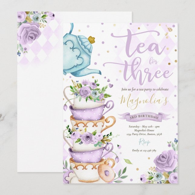 Tea For Three Birthday Purple Floral Tea Party Invitation (Front/Back)