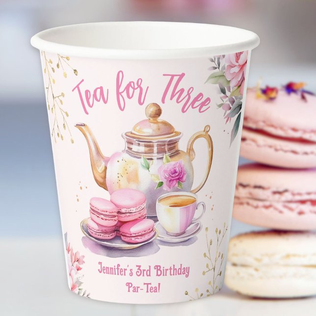 Tea For Three! Girl Pink 3rd Birthday Tea Party Paper Cups (Creator Uploaded)