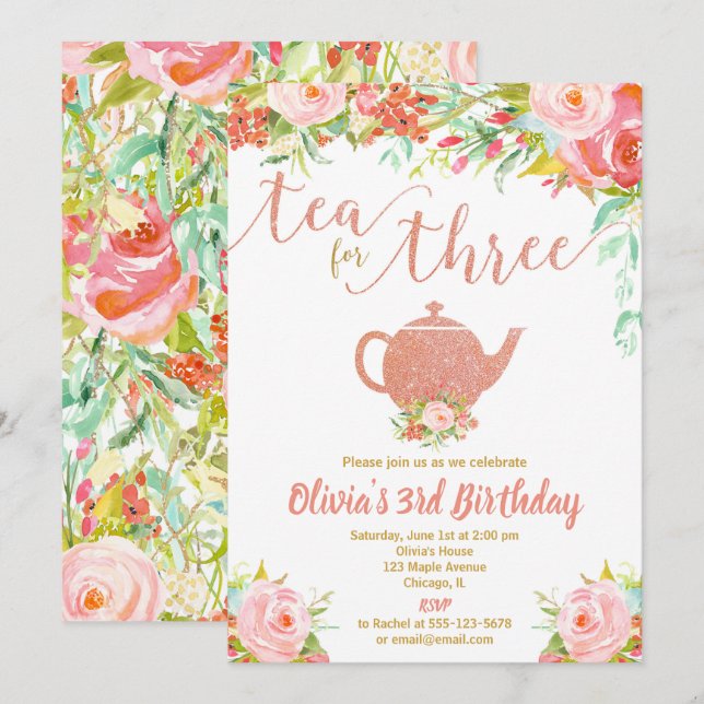 Tea for three rose gold girl 3rd third birthday invitation (Front/Back)