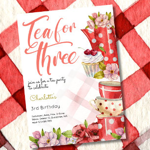 Tea for three, tea flowery third birthday invitation