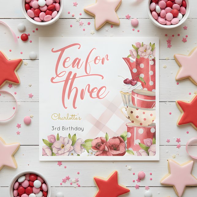 Tea for three, tea flowery third birthday napkin (Creator Uploaded)