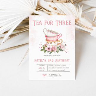 Tea For Three Teacups Theme Birthday Invitation