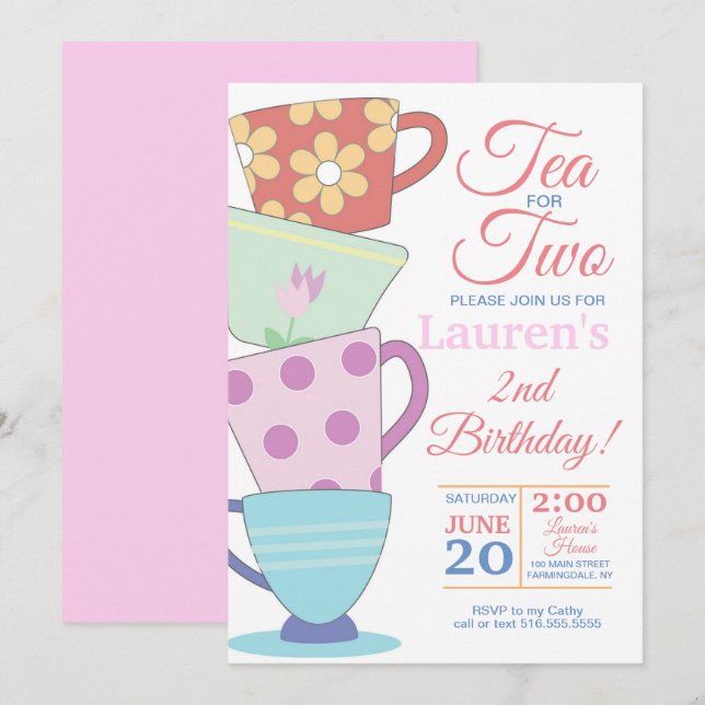 Tea For Two 2nd Birthday Party Invitation (Front/Back)