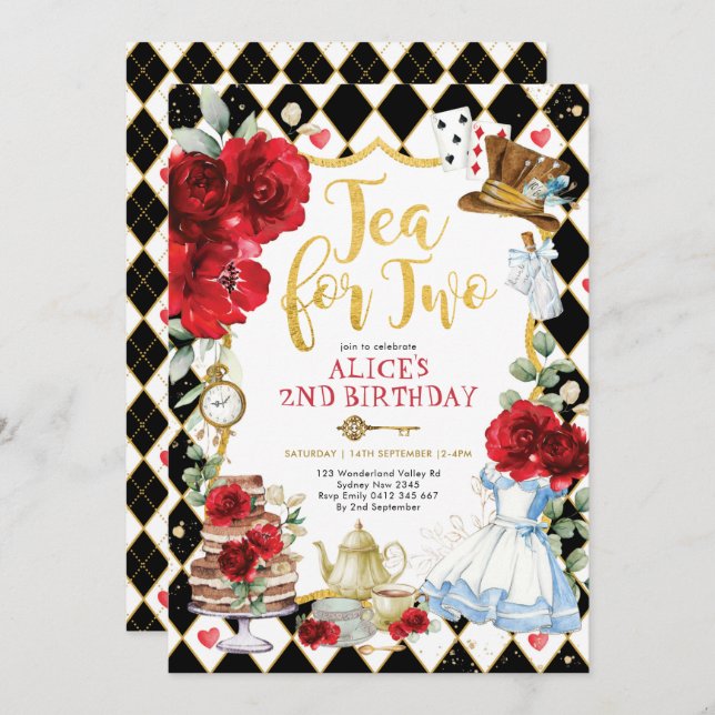 Tea for Two Alice in Wonderland Floral Birthday Invitation (Front/Back)