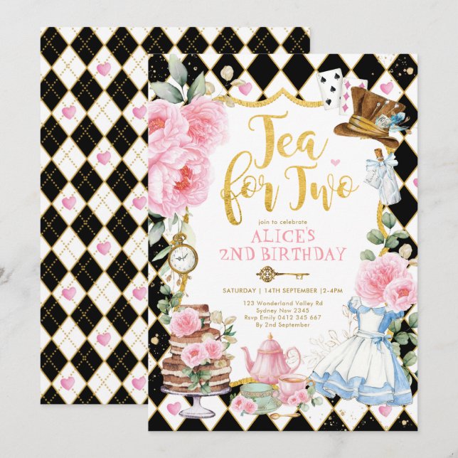 Tea for Two Alice in Wonderland Flower Birthday Invitation (Front/Back)