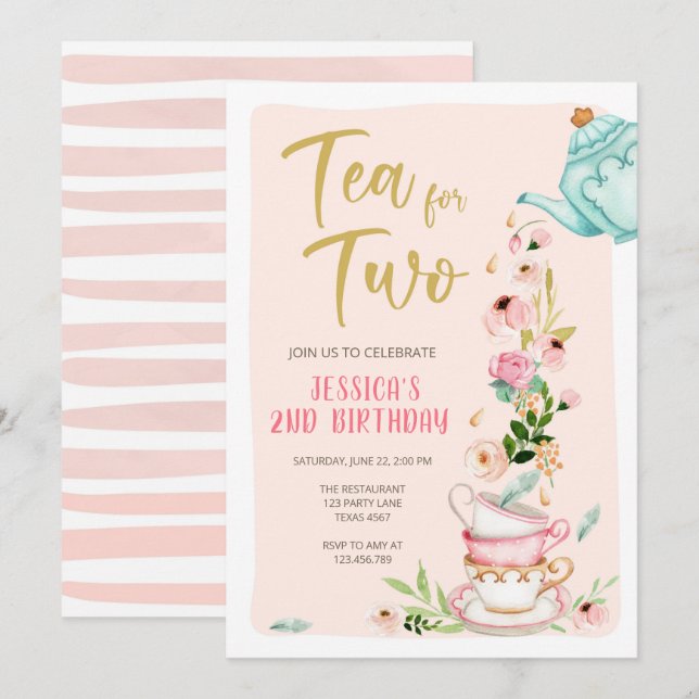 Tea for Two Birthday Invitation Floral Tea Party (Devant / Derrière)