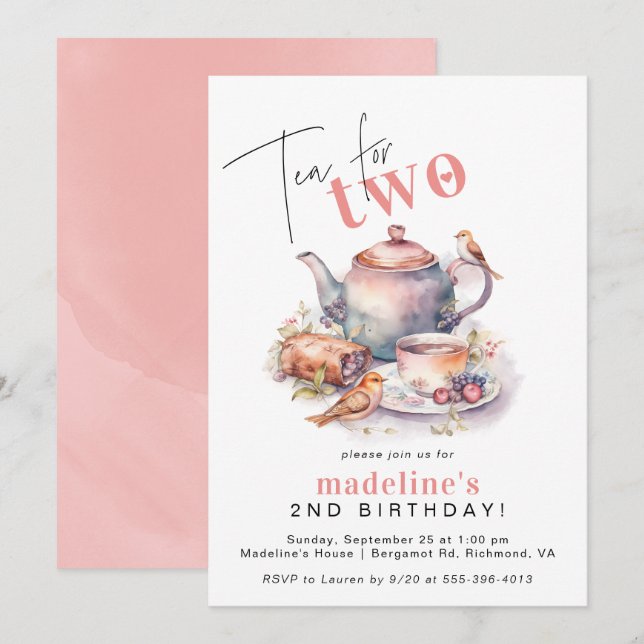 Tea for Two | Cute Tea Party Girls' 2nd Birthday Invitation (Front/Back)