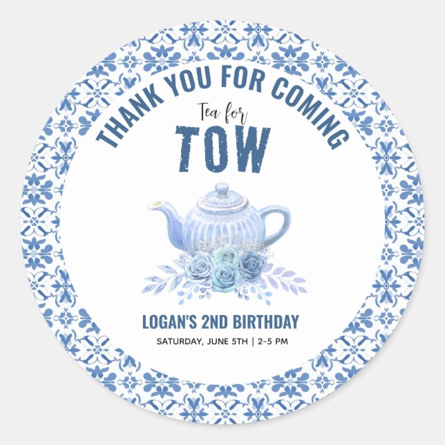 Tea for Two – Floral 2nd Birthday Party Classic Round Sticker (Front)