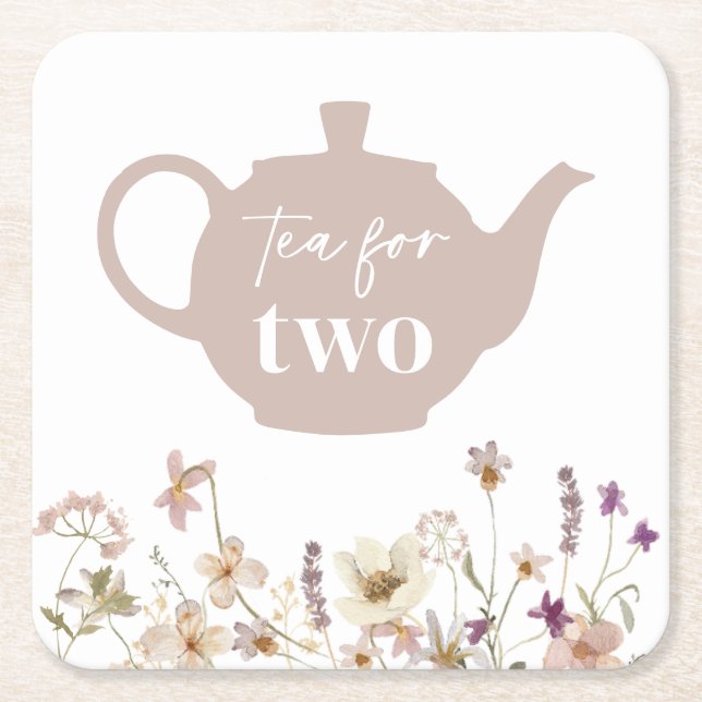 Tea For Two Floral Square Paper Coaster (Front)