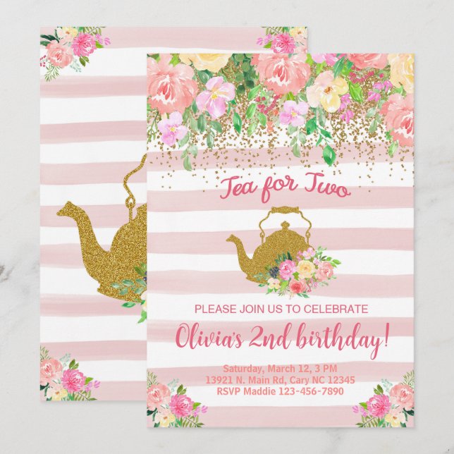 Tea for two girl 2nd second birthday invite. invit invitation (Front/Back)