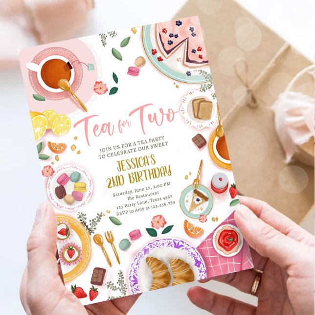 Tea for Two Party Girl Pink Gold Second Birthday Invitation (Creator Uploaded)