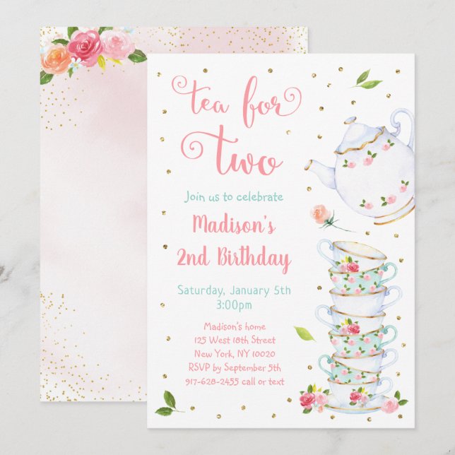 Tea For Two Pink Gold Floral Tea Party Birthday Invitation (Front/Back)
