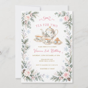 Tea for Two Pink Winter 2nd Birthday Snowflakes Invitation