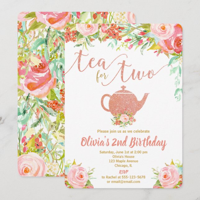 Tea for two rose gold birthday invitation girl (Front/Back)