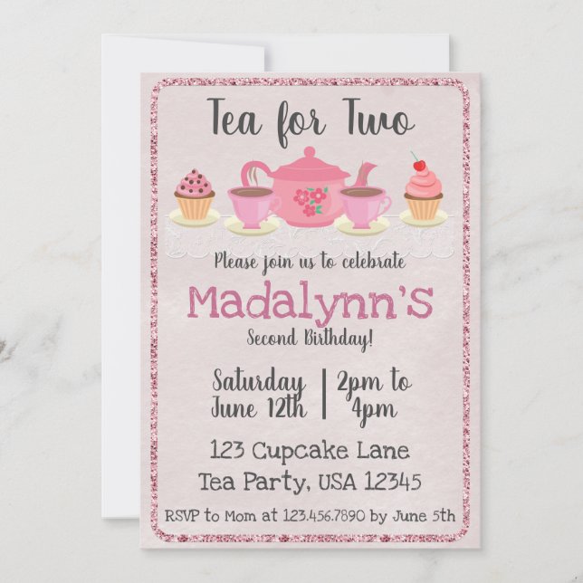 Tea for Two Second Birthday Pink Invitation (Front)