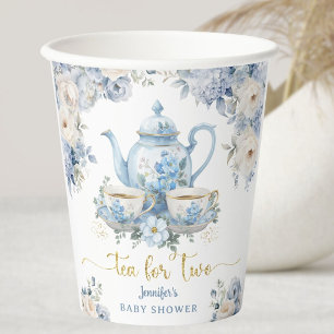 Tea for Two Tea Baby Shower Boy Gold Blue Floral Paper Cups