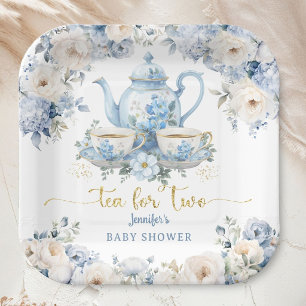 Tea for Two Tea Baby Shower Boy Gold Blue Floral Paper Plate