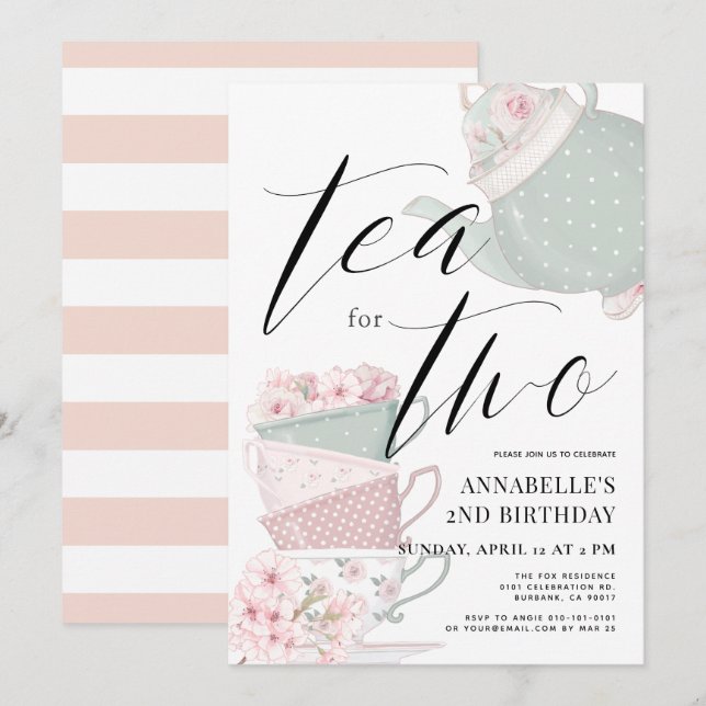 Tea for Two Tea Party 2nd Birthday Invitation (Front/Back)