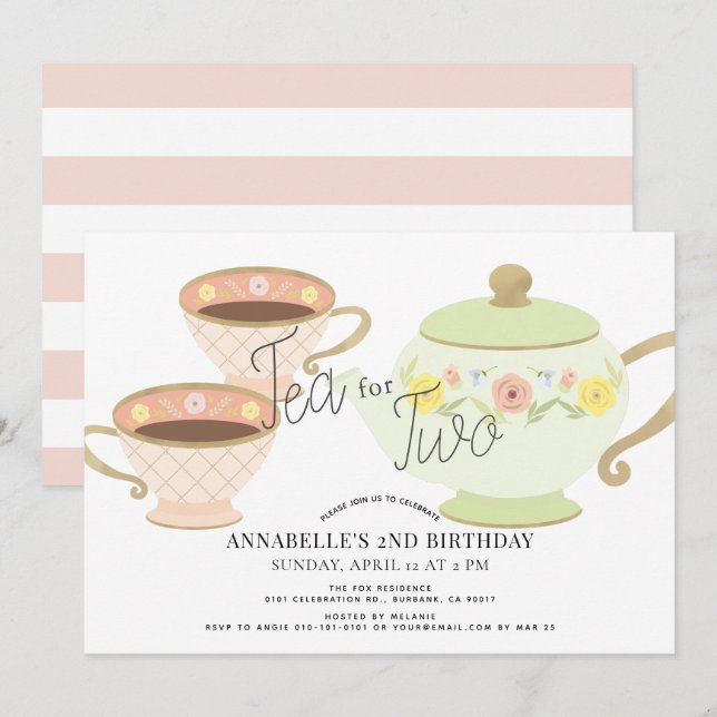 Tea for Two Tea Party 2nd Birthday Invitation (Front/Back)