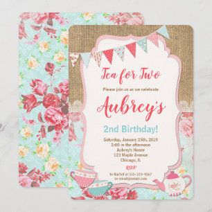 Tea for Two Tea Party birthday invitation girl
