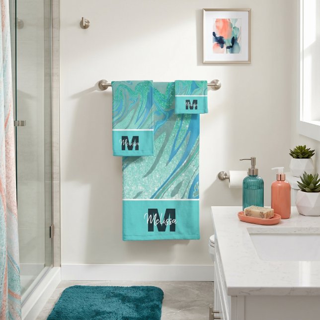 Tea glitter and marble personalized bath towel set (Creator Uploaded)
