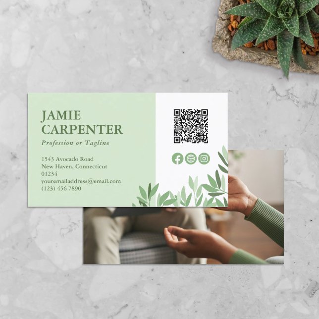 Tea Green Calm Greenery QR Code Photo Social Media Business Card (Creator Uploaded)