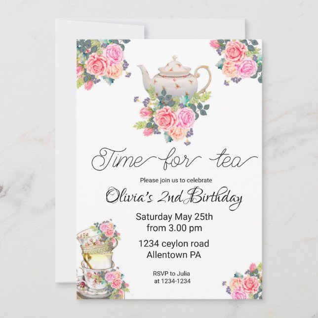 Tea Invitation, tea birthday invitation tea party  (Front)