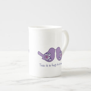Tea is a hug in a mug, Cute Love Birds in Mauve Bone China Mug