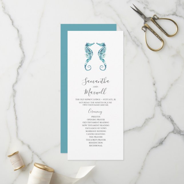 Tea Length Beach Wedding Programs Seahorses (Front/Back In Situ)