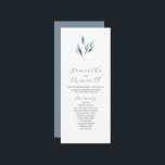 Tea Length Wedding Program Template Dusty Blue<br><div class="desc">This tea length wedding program template feature unique watercolor leaves in dusty blue. Use the template fields to add your order of service. The card reverses to a solid matching colour. To see more wedding themes like this visit www.zazzle.com/dotellabelle Unique art and design by Victoria Grigaliunas of Do Tell A...</div>