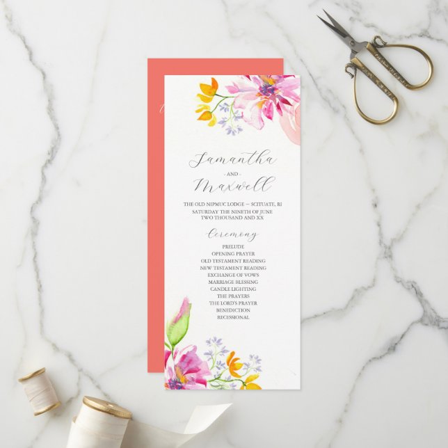 Tea Length Wedding Programme Modèles Floral (Devant/Arrière en situation)