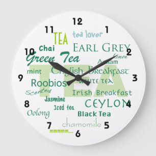 Tea Lover-Shades of Green Word Cloud Large Clock