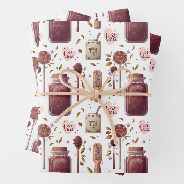 Tea Lovers' Collage - Tea Jars and Herbs  Wrapping Paper Sheet (In situ)