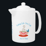 Tea Lovers Cute Personalized Teapot<br><div class="desc">This vintage inspired design is so pretty with a fancy floral tea cup cup and a butterfly in red, gold and blue; a lovely saying "Taking life one cup at a time" great design and ideal for anyone who loves drinking tea</div>